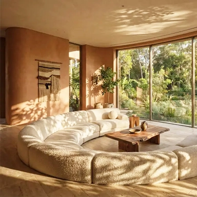 sustainable luxury living room terracotta walls